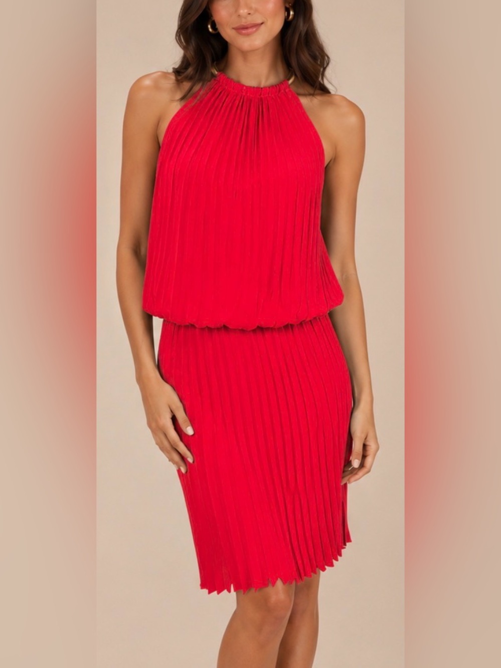 MSK Red Pleated Halter Cocktail Midi Dress Size 12 Elegant Blouson Party Dress